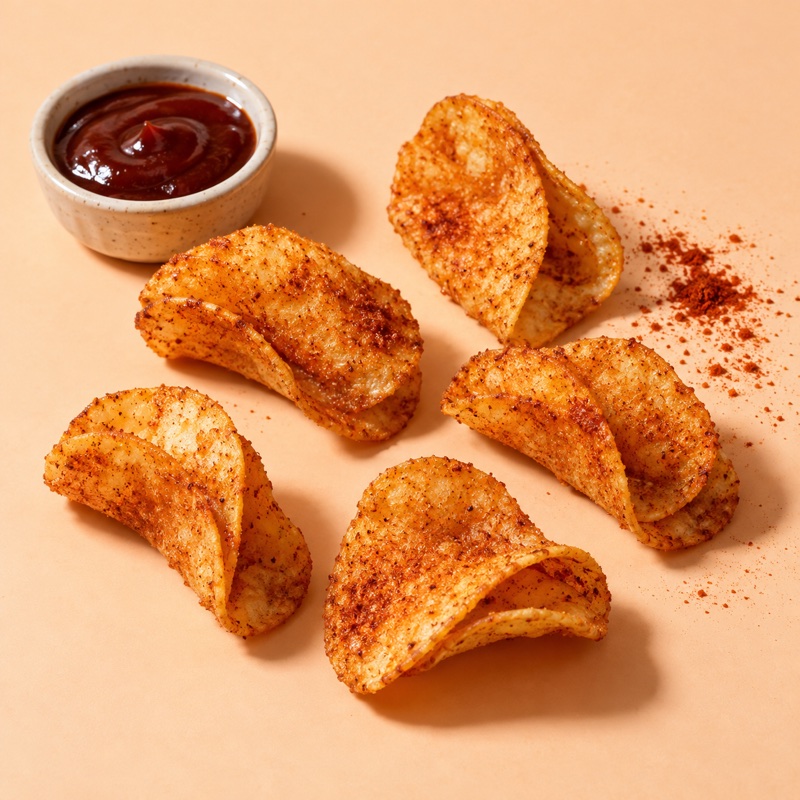 Seasoned folded chips beside a small dish of barbecue sauce.