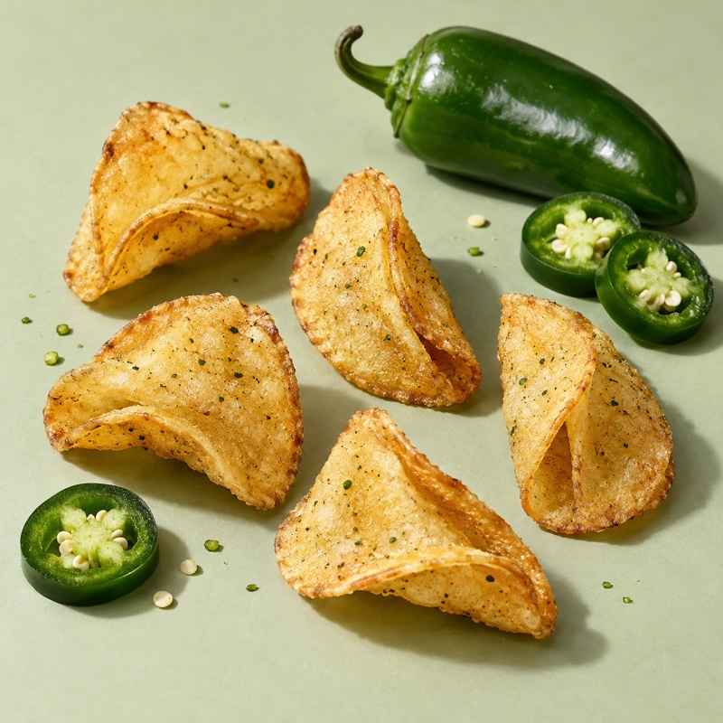 Crisp folded chips with fresh green jalapeños and pepper slices.