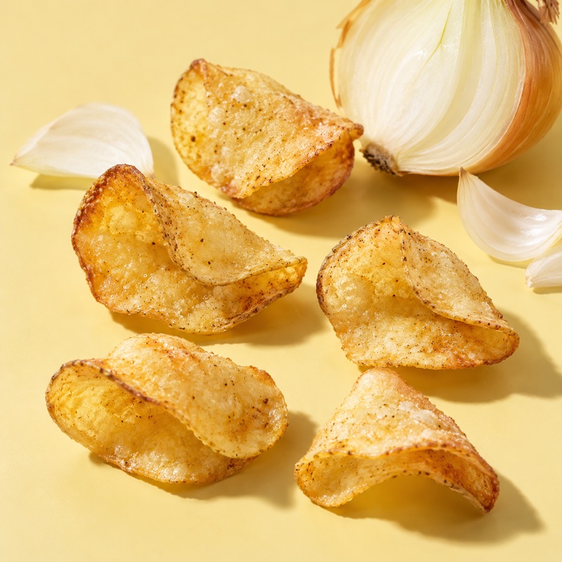 Golden folded chips with a sweet onion and delicate onion petals.