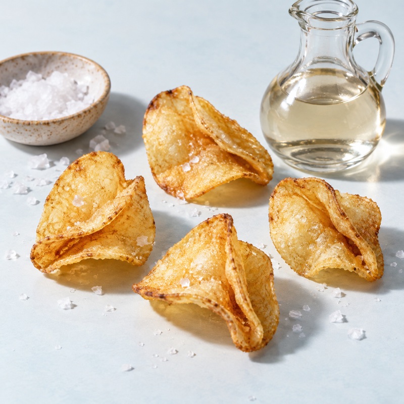 Golden folded chips with flaky salt and a glass cruet of vinegar.